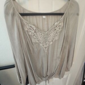 Light Taupe Lace-Trim Tie-Front Tunic Top